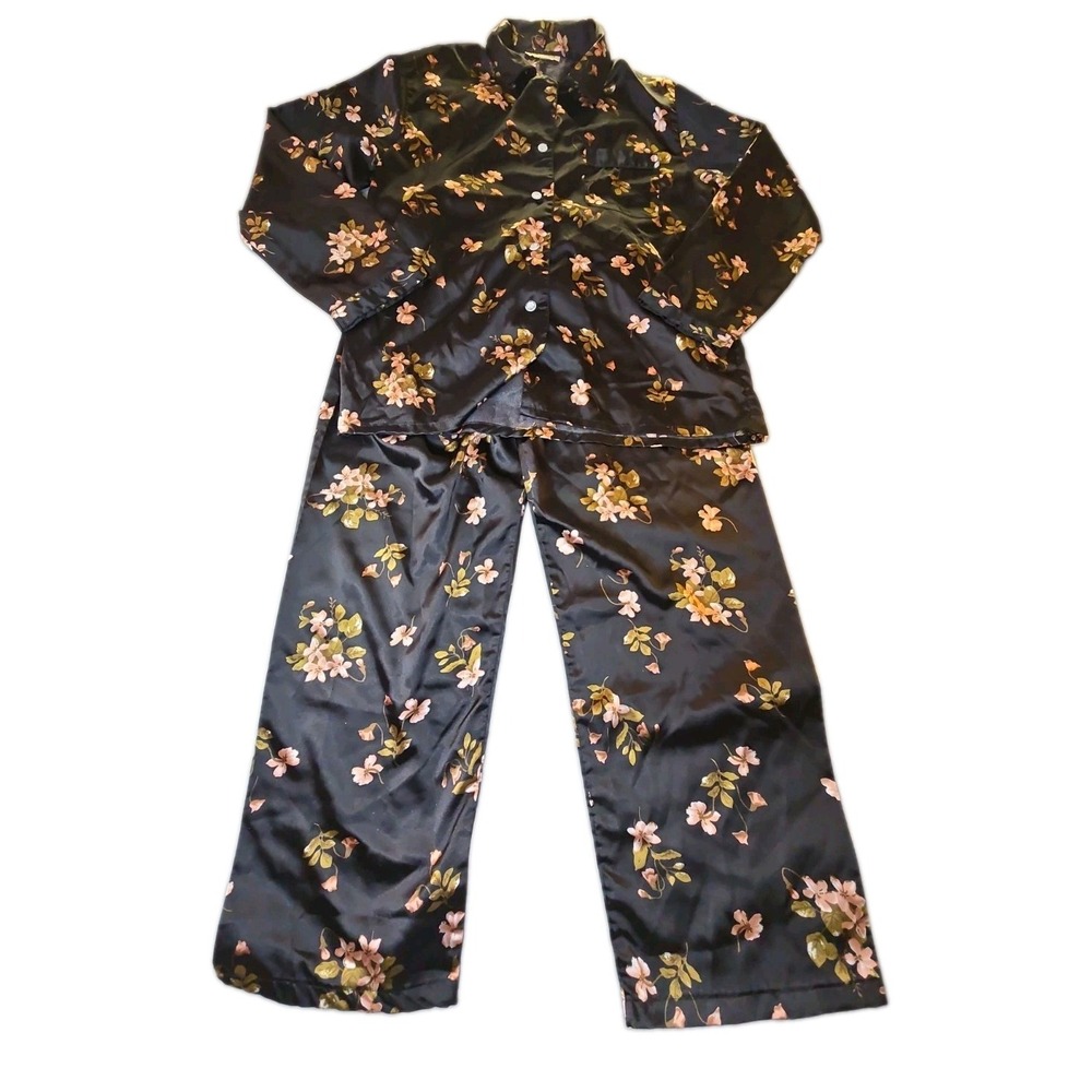 Tony & Candice Pajamas Women Small Black Pink Floral Satin 2 PC Sleepwear Set S